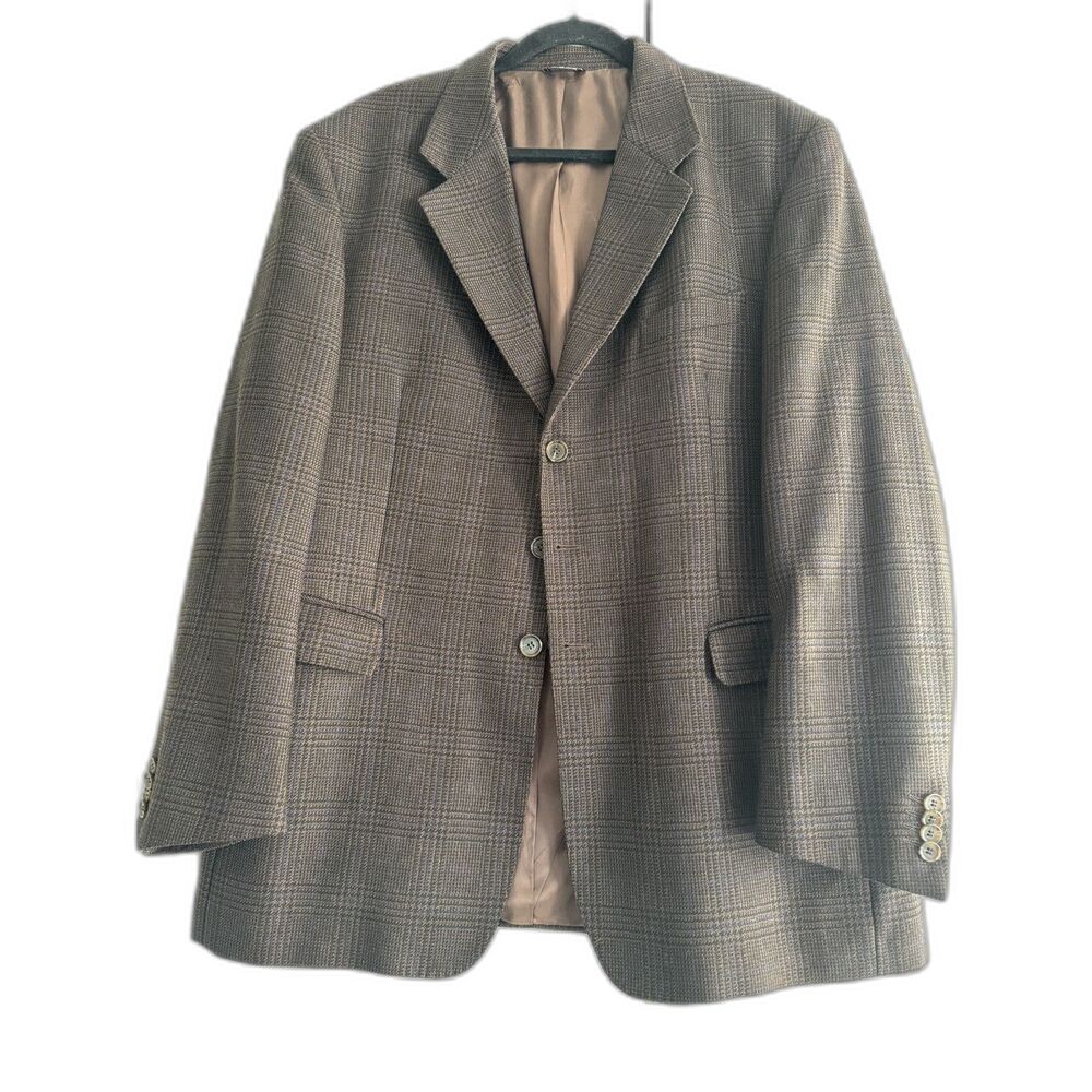 Perry Ellis Portfolio Men’s 46L Wool Cashmere Glen Plaid Blazer Sport Coat Brown